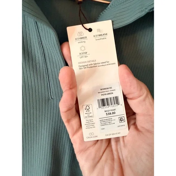 CALIA Rib Johnny Polo Womens XS Puya Green Ribbed UPF 50+ Golf Top NEW - Picture 3 of 6